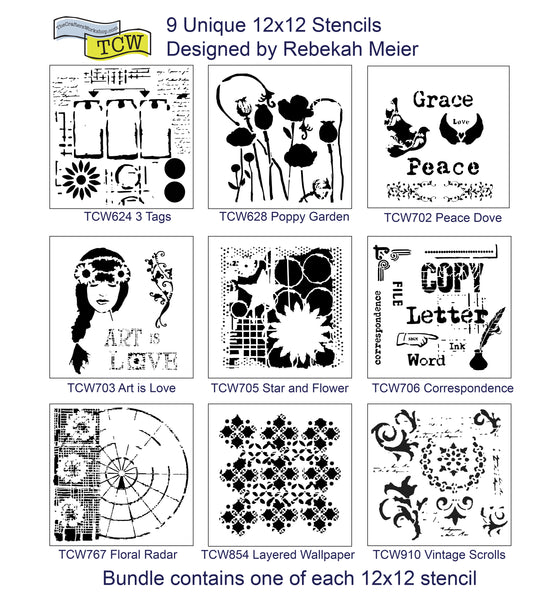 9 Pack Rebekah Meier 12x12 Stencil Bundle